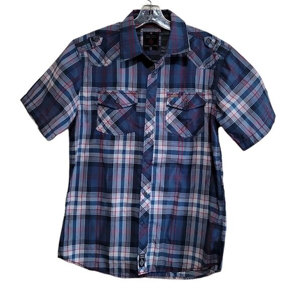 Swiss Cross Men's Blue Plaid Short-Sleeve Shirt Sz Medium - Picture 4 of 8